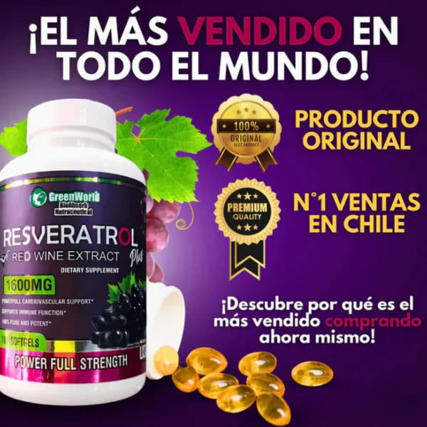 🍇Resveratrol Puro 1600mg 💜  Tu Aliado Natural para Lucir Joven y Saludable - x100 capsulas